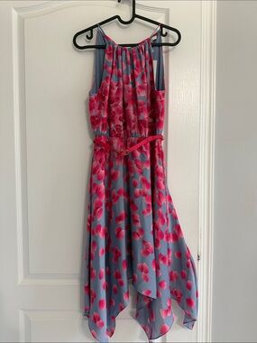 Max & Cleo Pink Petal Print Halter Dress on Slate Blue